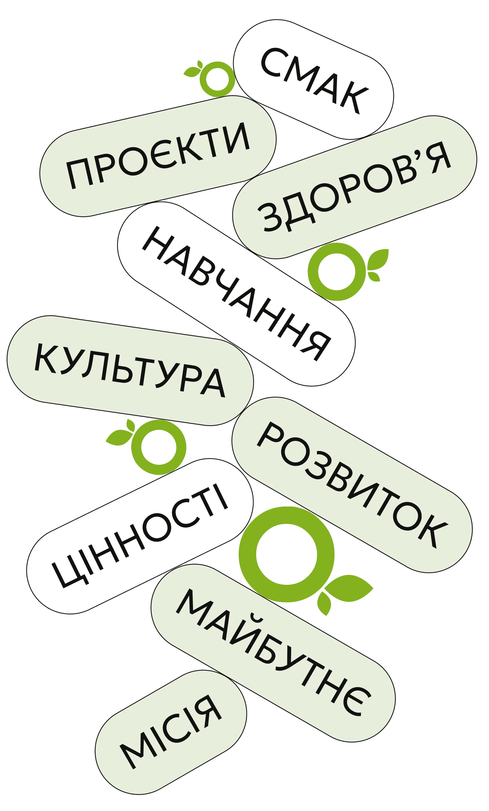 Смак, проєкти, здоровʼя, навчання, культура, розвиток, цінності, майбутнє, місія